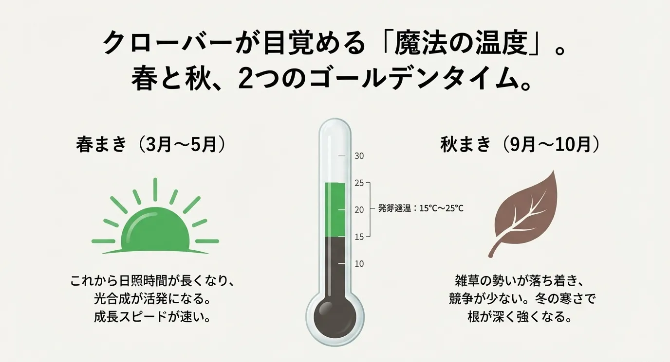 温度計のイラスト。発芽適温15℃〜25℃を示している。春まき（3月〜5月）は成長が速く、秋まき（9月〜10月）は雑草との競争が少なく根が強く育つという比較