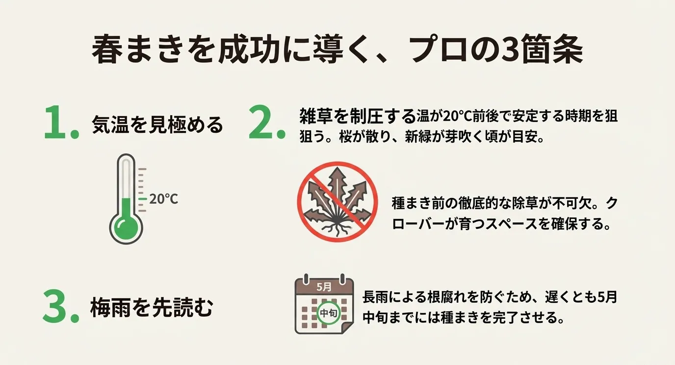 温度計、禁止マークのついた雑草、5月中旬を指すカレンダーのアイコン。1.気温を見極める（20℃前後）、2.雑草を制圧する、3.梅雨を先読む（5月中旬まで）の3ステップ。