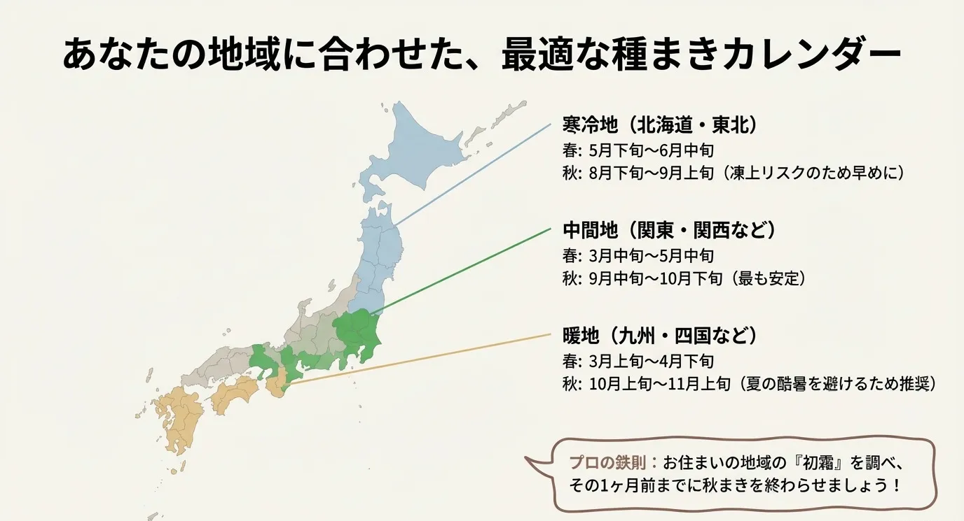 寒冷地、中間地、暖地それぞれの春と秋の種まき推奨時期を記載した表。初霜の1ヶ月前までに秋まきを終わらせるというプロの鉄則