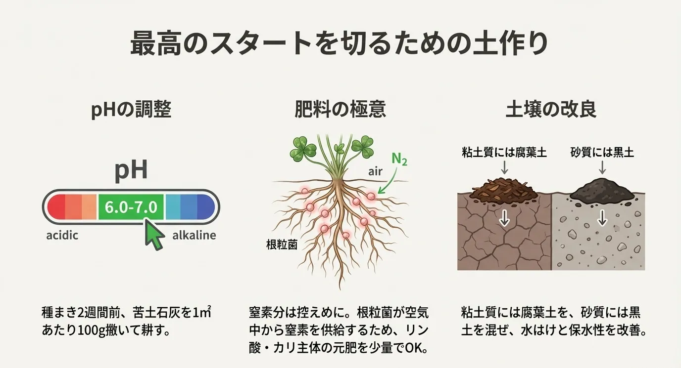 pH6.0-7.0のインジケーター、根粒菌のついた根のイラスト、土壌改良（粘土質には腐葉土、砂質には黒土）の図解