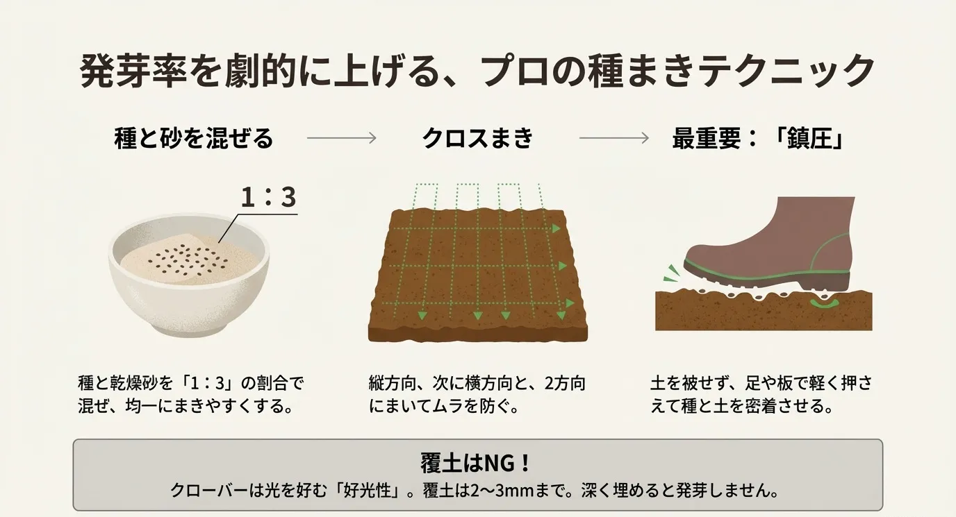 1.種と砂を1:3で混ぜる、2.クロスまき（縦横）、3.最重要な「鎮圧」のイラスト。覆土は2〜3mmまでで深く埋めないという注意点