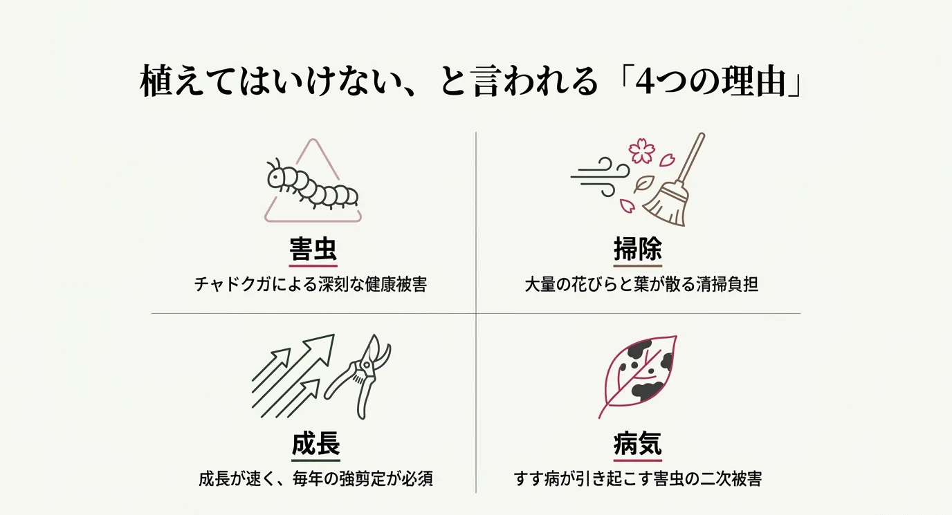 サザンカのデメリットとして、チャドクガ、速い成長、花びらの掃除、すす病の4つのアイコンが描かれたスライド
