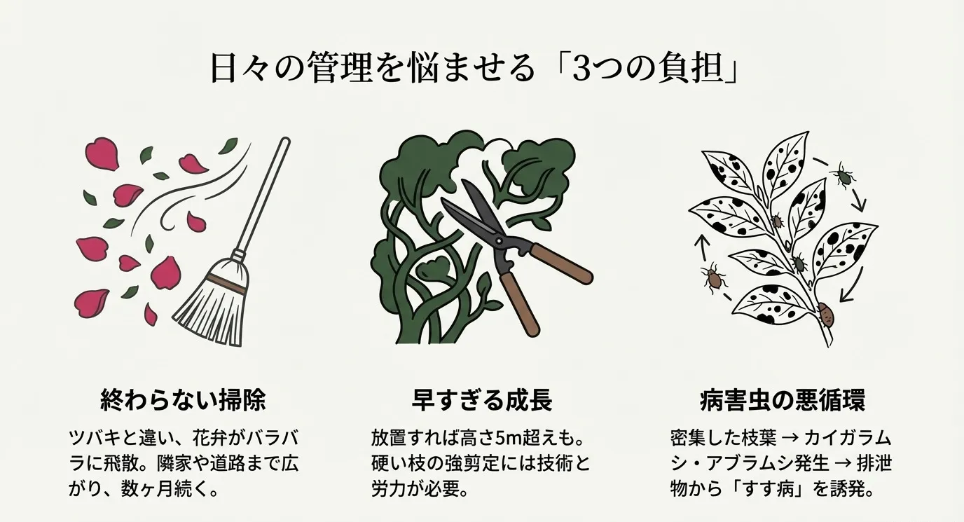 散る花びらの掃除、5m超えの成長と強剪定、すす病と害虫の負の連鎖をイラストで解説したスライド