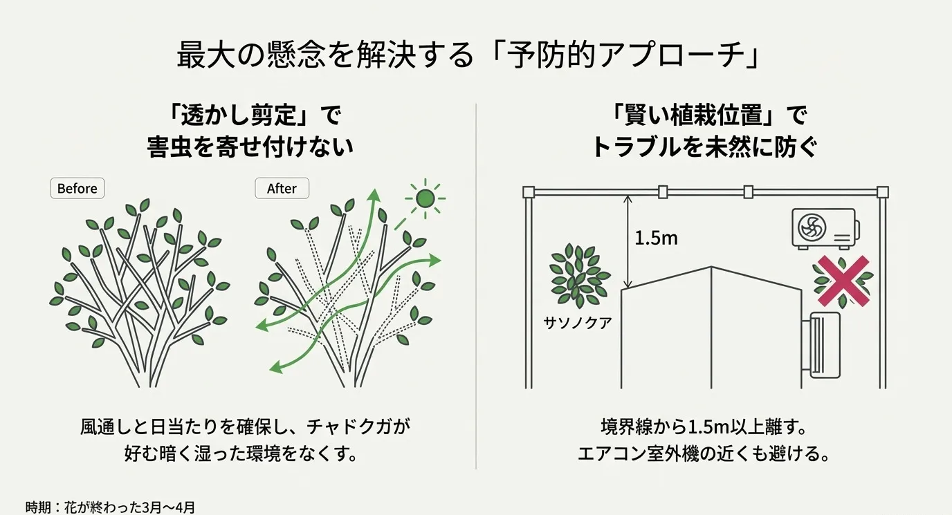 風通しを良くする透かし剪定のBefore/After図と、境界線から1.5m離し室外機を避ける植栽位置を示す図解