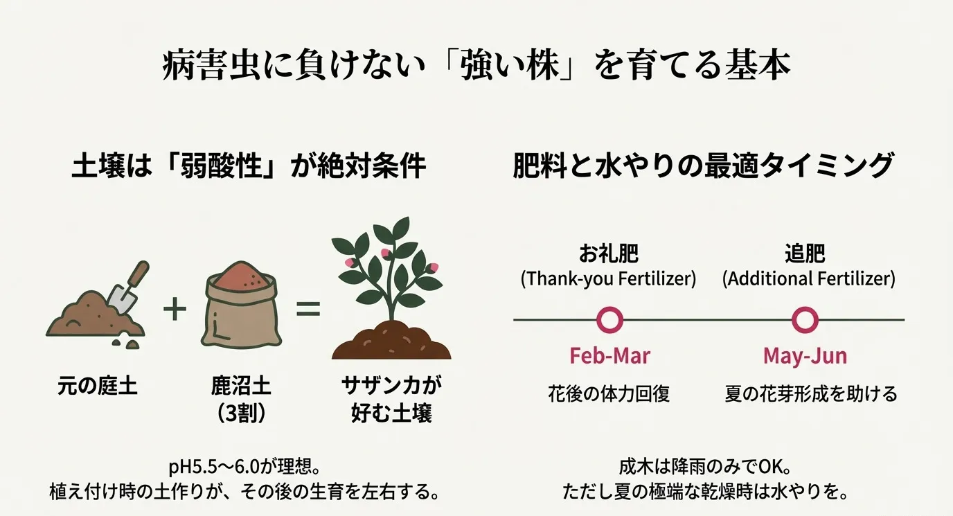 庭土7：鹿沼土3の理想的な配合とpH5.5-6.0の弱酸性土壌、お礼肥（2-3月）と追肥（5-6月）の時期を説明する