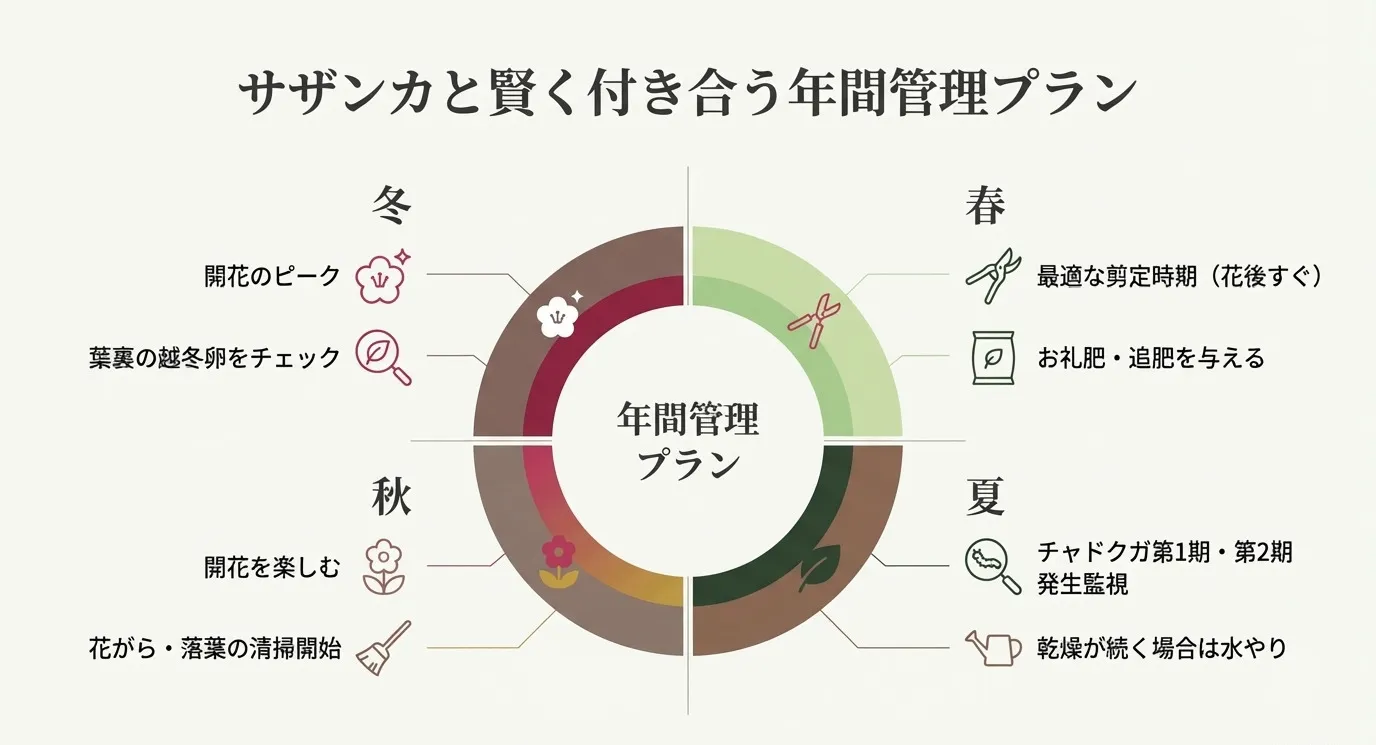 四季ごとの管理（冬：開花と掃除、春：剪定と施肥、夏：チャドクガ監視と水やり、秋：開花）を円グラフでまとめた年間カレンダー
