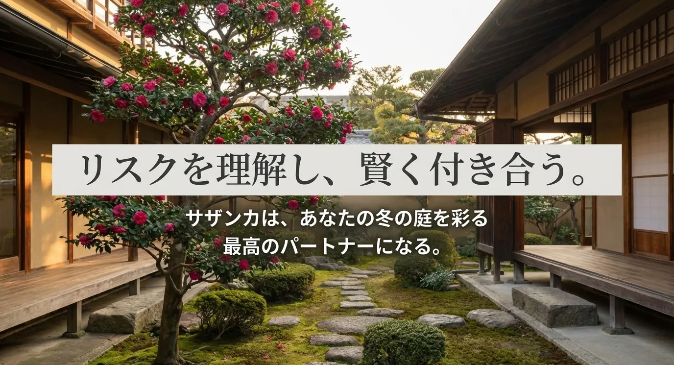 サザンカが冬の庭を彩る最高のパートナーになることを伝える結びのスライド