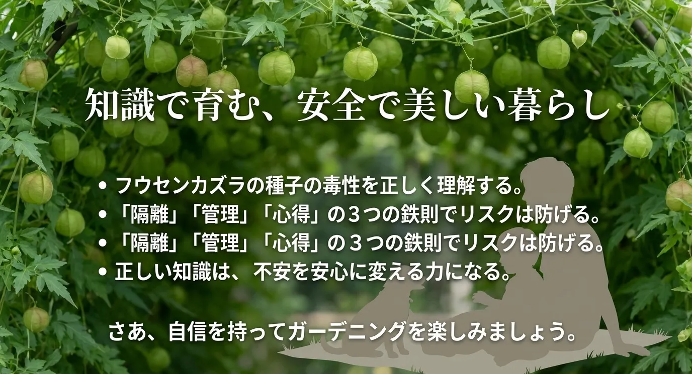 正しい知識で不安を安心に変え、3つの鉄則を守ってガーデニングを楽しもうというまとめのスライド
