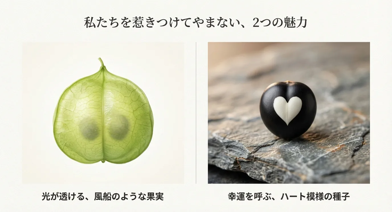 光が透ける風船のような果実と、幸運を呼ぶハート模様の種子の写真