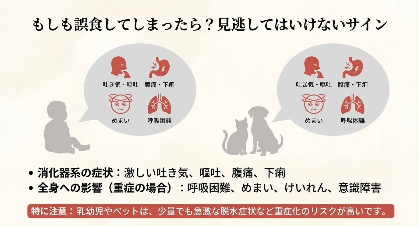 消化器系の症状（吐き気・下痢等）と全身への影響（呼吸困難・意識障害等）、乳幼児やペットの重症化リスクについての説明