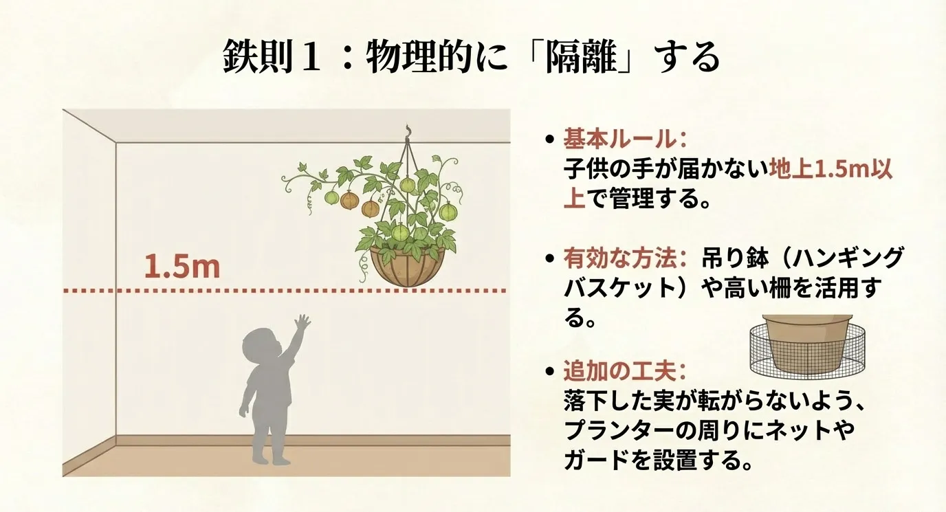 子供の手が届かない地上1.5m以上で管理するイラスト。吊り鉢の活用や、落下した実が転がらない工夫の紹介