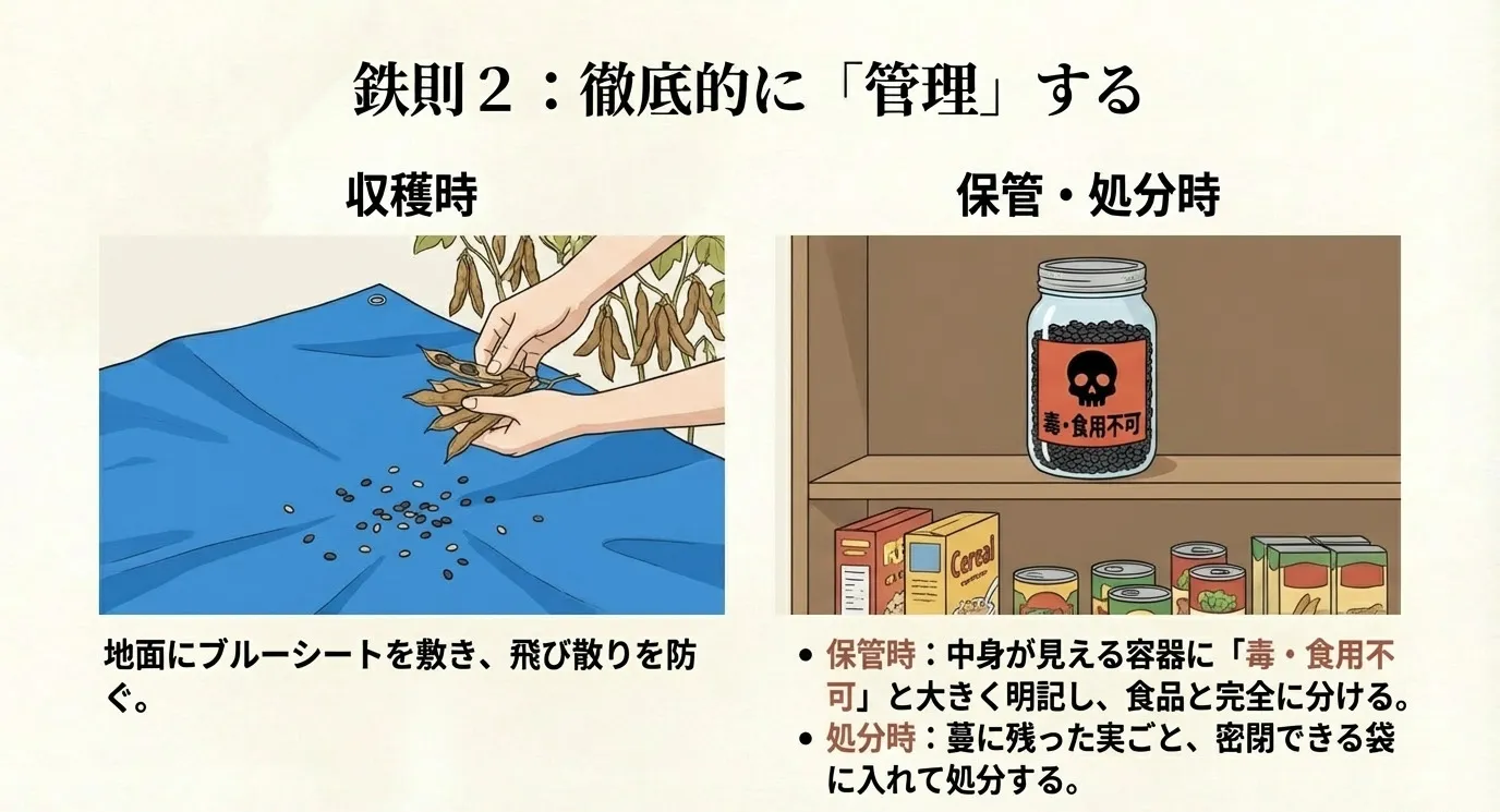 収穫時にブルーシートを敷く工夫と、保管時に「毒・食用不可」と明記して食品と分ける管理方法のイラスト