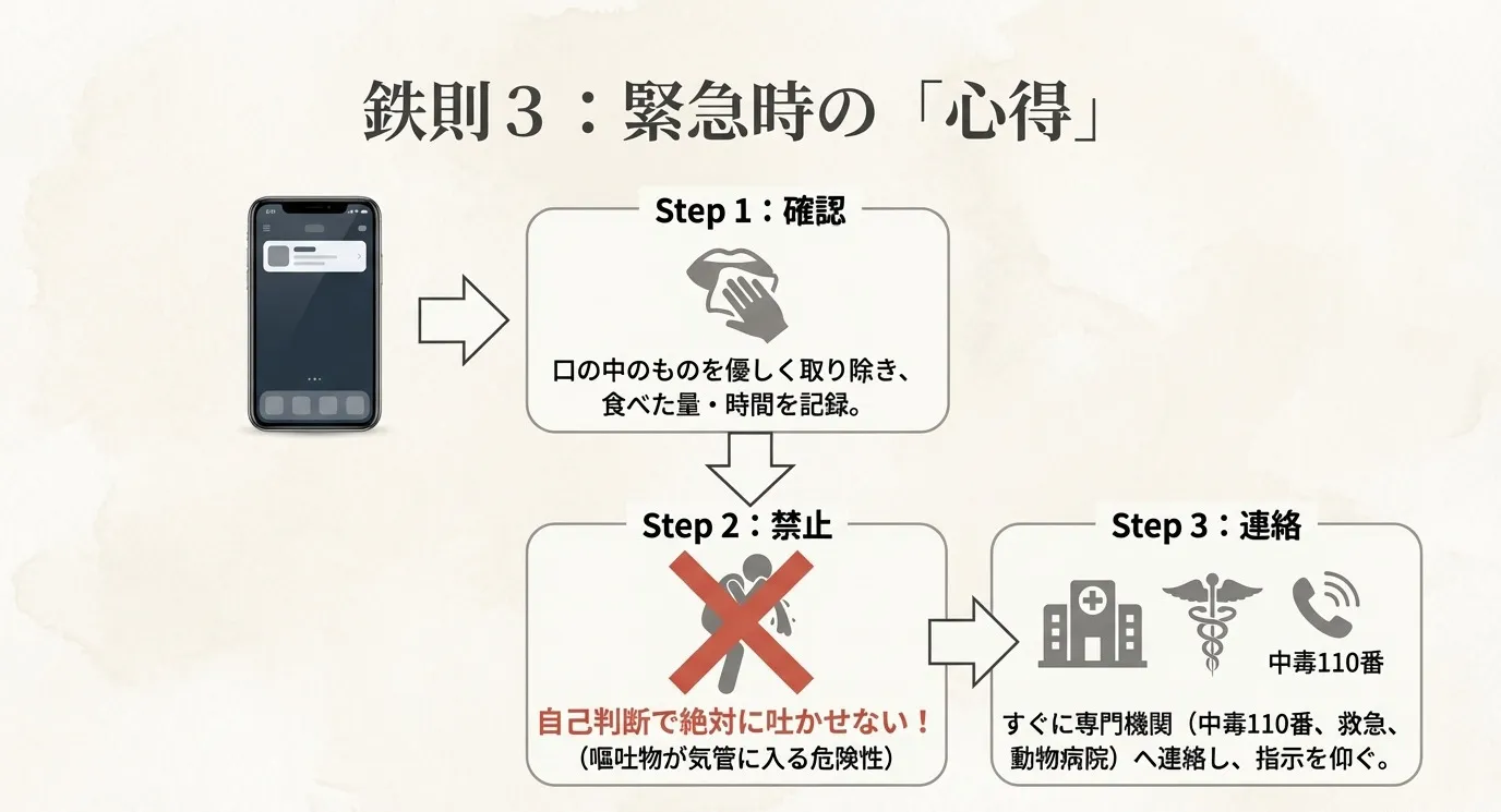 緊急時の3ステップ。1.確認（口の中を除去）、2.禁止（勝手に吐かせない）、3.連絡（中毒110番や病院へ）