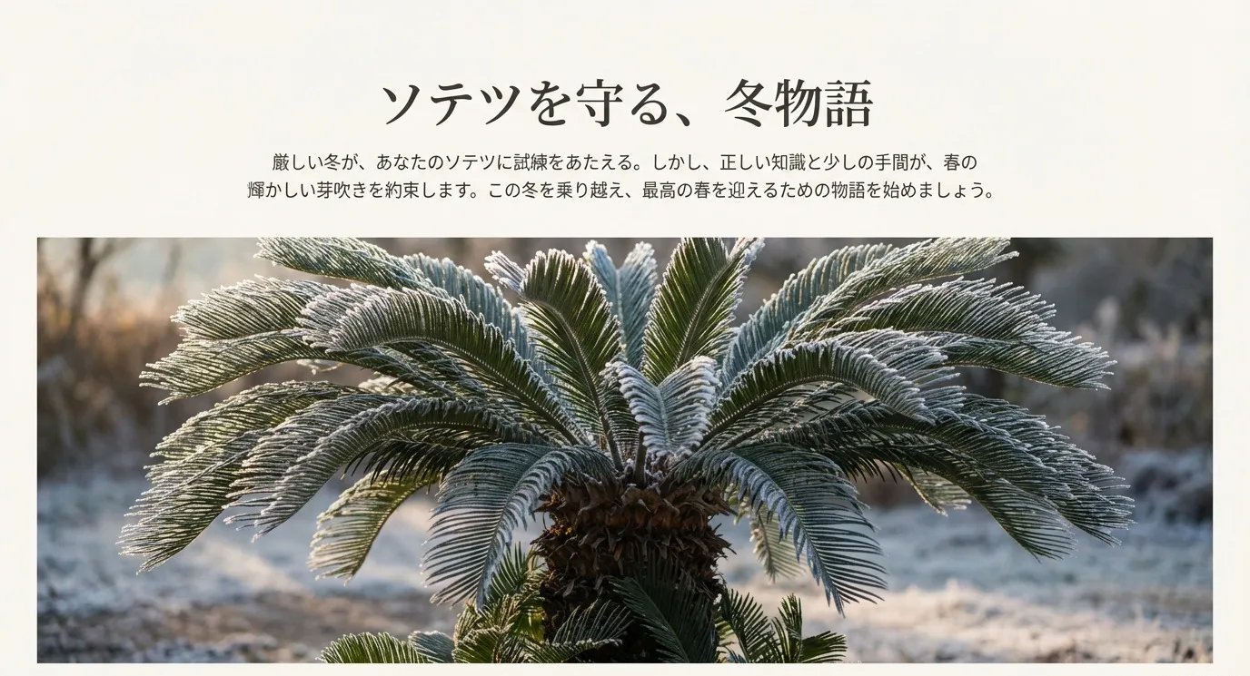 霜が降りたソテツの全体写真。背景に「ソテツを守る、冬物語」というタイトルと、正しい知識が春の芽吹きを約束するという導入文が添えられている。