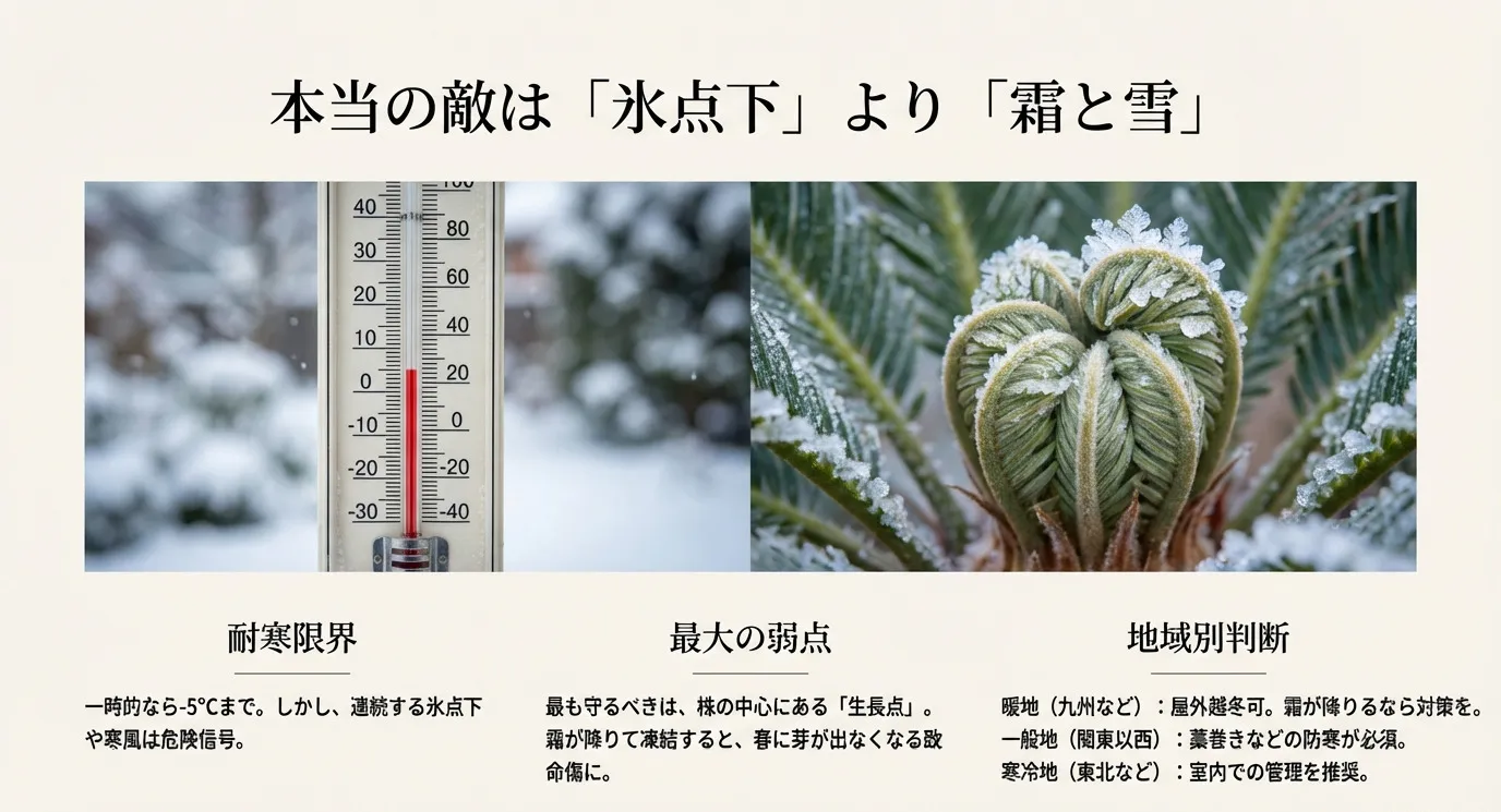 ソテツの生長点に氷の結晶がついたクローズアップ写真。耐寒限界（-5℃まで）、最大の弱点（生長点）、暖地・一般地・寒冷地ごとの管理基準がまとめられたグラフと解説。