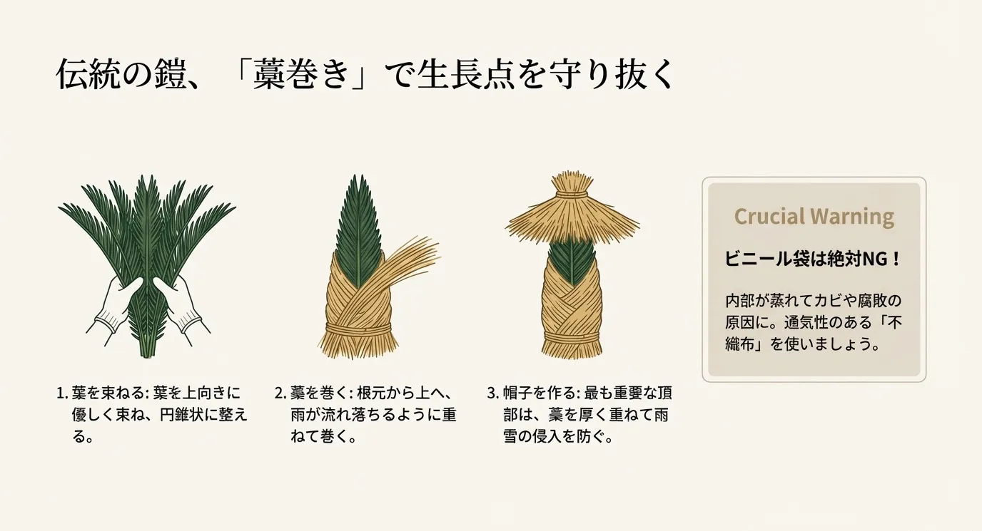 藁巻きの3ステップ（葉を束ねる、藁を巻く、帽子を作る）を説明するイラスト。ビニール袋は蒸れの原因になるため絶対NGという警告メッセージが含まれている。