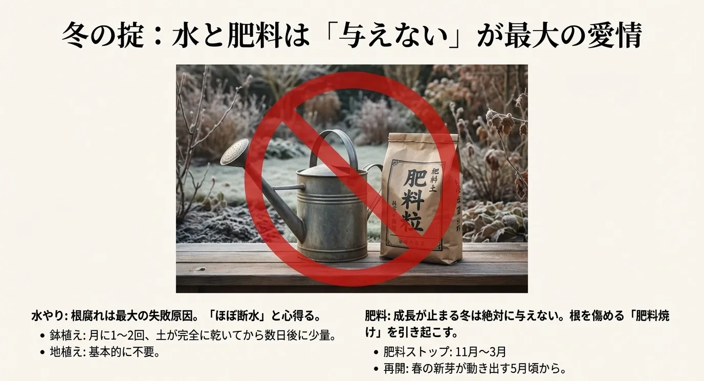 ジョウロと肥料袋に大きな赤い禁止マーク（×）が重なった写真。鉢植えは月1〜2回、地植えは不要という水やりの心得と、11月〜3月は肥料をストップすべき理由の解説。