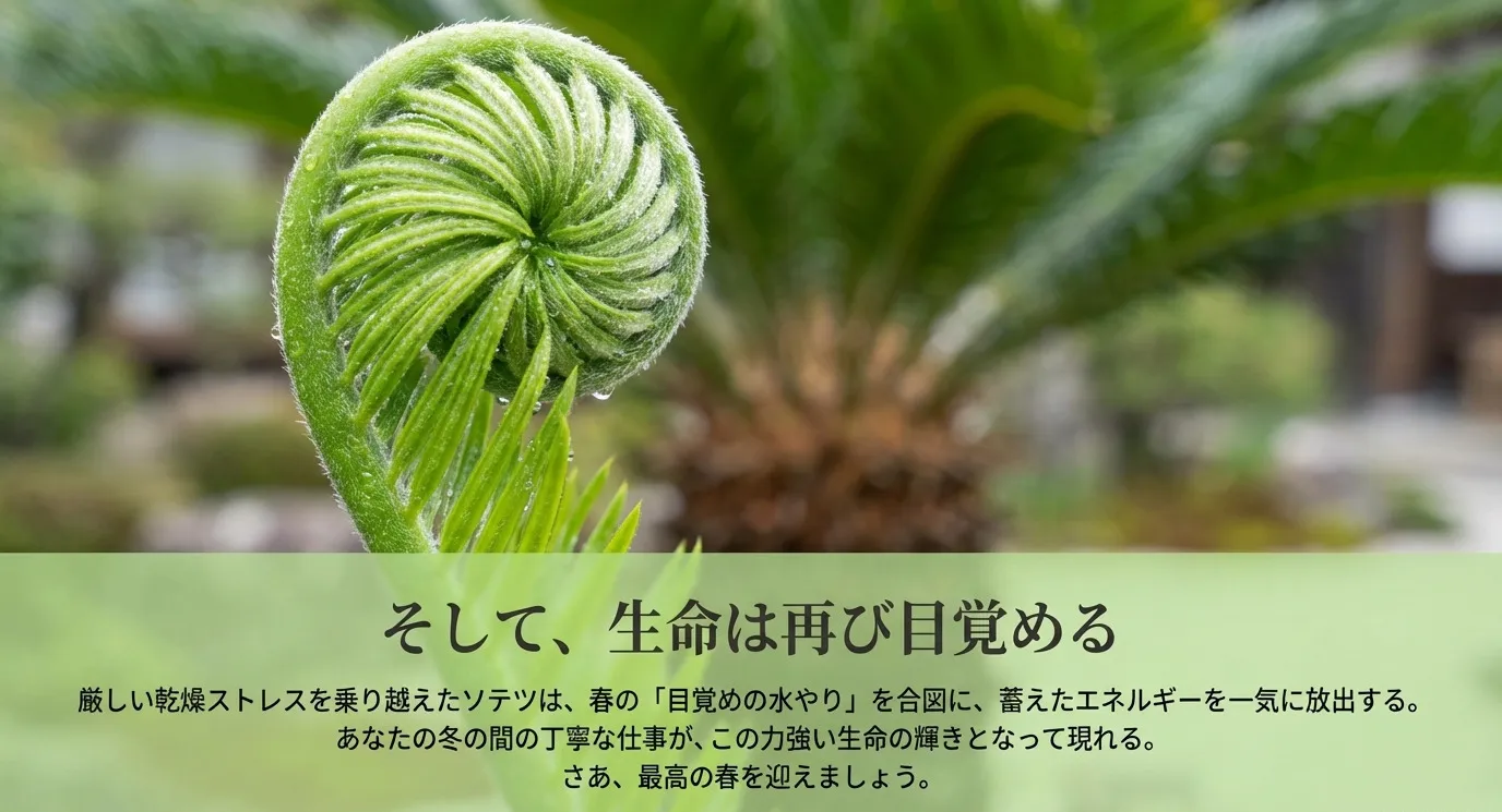 冬を乗り越え、春の光の中で力強く葉を広げるソテツのイメージ。冬の丁寧な仕事が力強い生命の輝きとなって現れるという、春に向けた前向きなメッセージ。