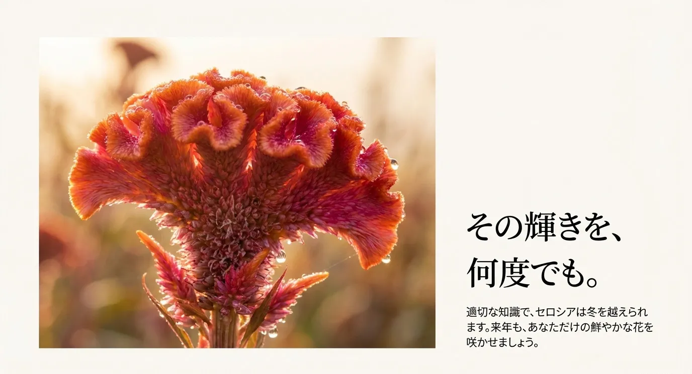 適切な知識で冬を越し、来年も美しく咲き誇るセロシアの花のイメージ画像。