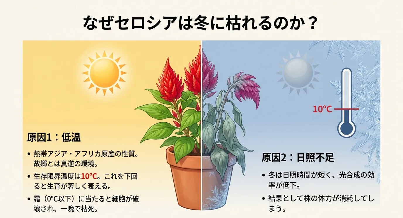 熱帯原産のセロシアが、低温（10℃以下）や霜、冬の日照不足によって枯れてしまう原因を解説するイラスト
