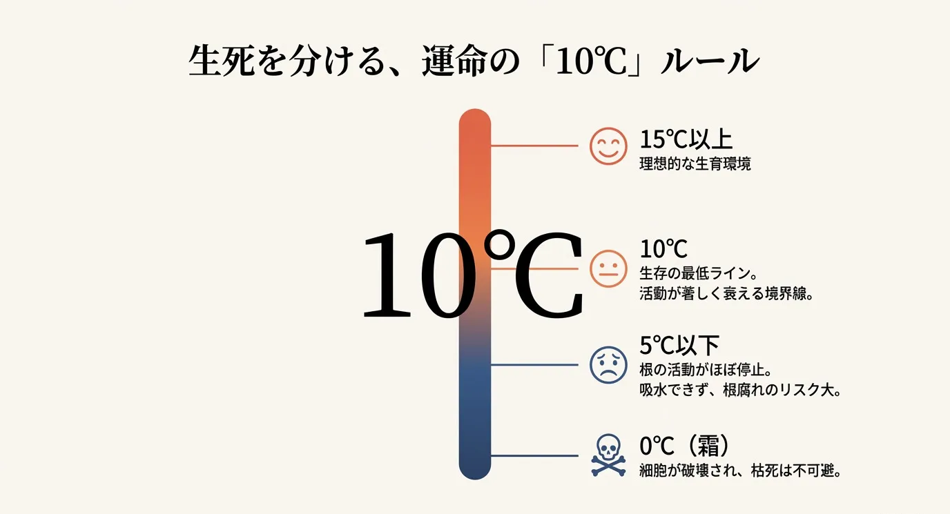セロシアの生育状態と温度の関係を示す図。15℃以上は理想、10℃は生存の最低ライン、5℃以下は根腐れリスク、0℃（霜）は枯死を説明。