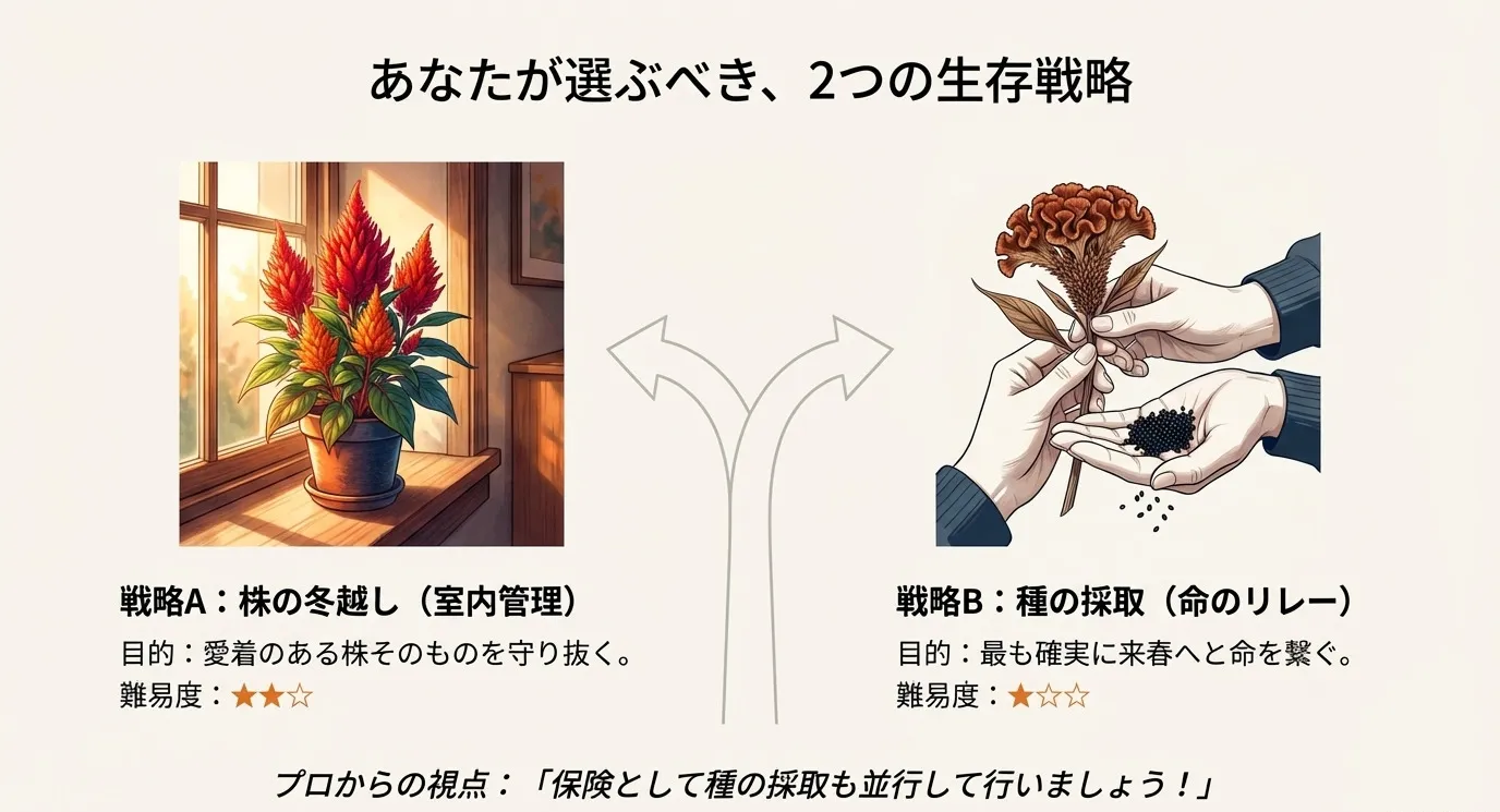 愛着のある株を守る「株の冬越し（室内管理）」と、最も確実な「種の採取」の2つの戦略を比較したイラスト