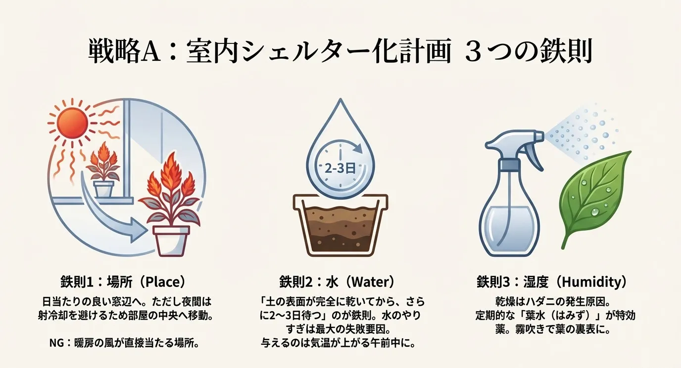 冬の室内管理における、日当たりの良い場所への移動、土が乾いてから2〜3日待つ水やり、霧吹きでの葉水（湿度管理）の重要性を示すアイコン