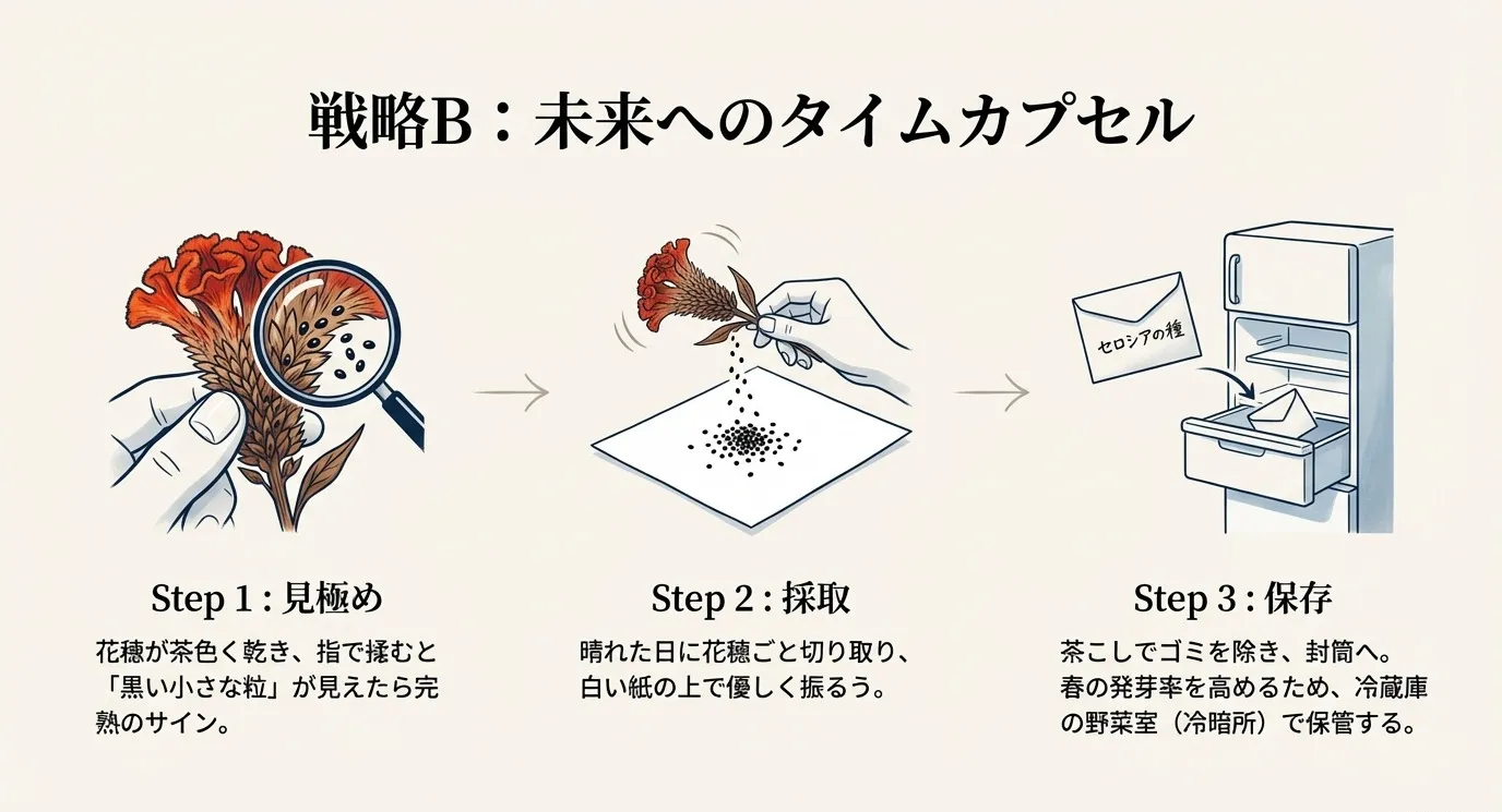 セロシアの種の完熟を見極め、白い紙の上で採取し、封筒に入れて冷蔵庫の野菜室で保存するまでの3ステップを示した図。