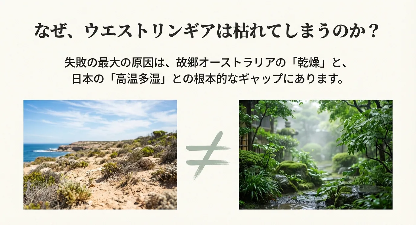乾燥したオーストラリアの沿岸部と、湿度の高い日本の庭園の写真を対比させ、失敗の最大の原因が「乾燥」と「高温多湿」の根本的なギャップにあることを示すスライド。