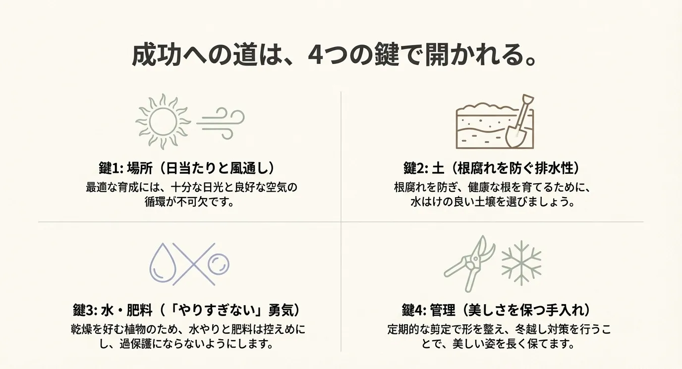 成功への4つの鍵として、1.場所（日当たり・風通し）、2.土（排水性）、3.水・肥料（やりすぎない）、4.管理（剪定・冬越し）をアイコンで紹介しているスライド。