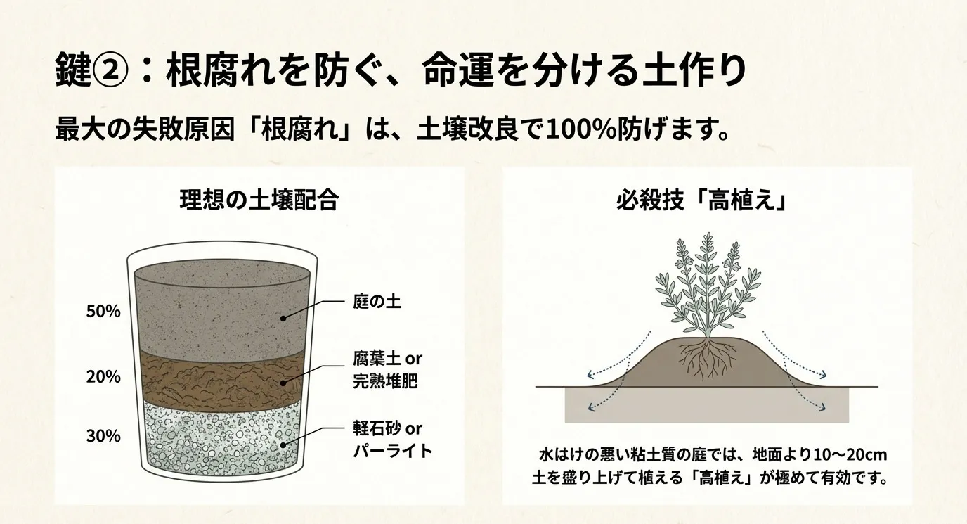 庭土50%・軽石砂30%・腐葉土20%の配合図と、水はけを良くするために土を盛り上げて植える「高植え」のイラストが描かれたスライド。