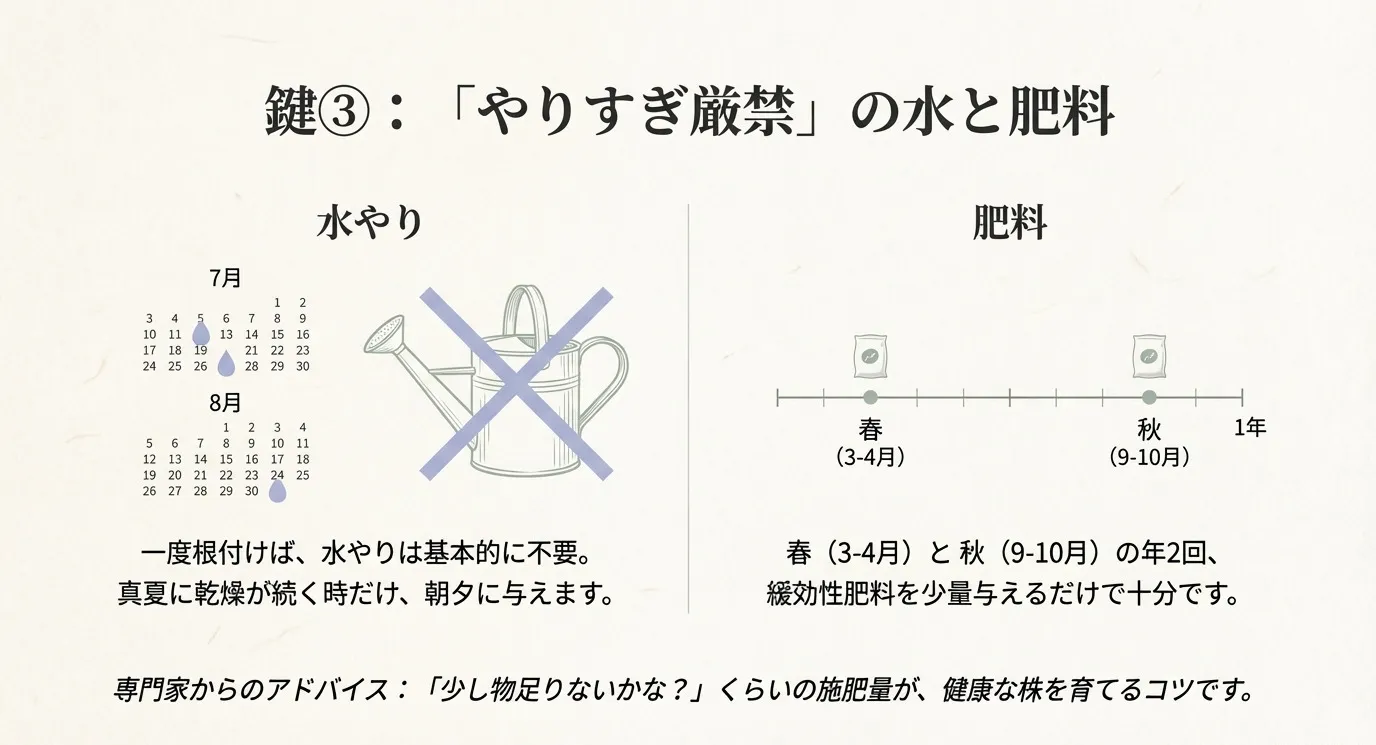 一度根付けば水やりは基本的に不要であることと、春（3-4月）と秋（9-10月）の年2回、少量の緩効性肥料を与えるスケジュールを示したスライド。