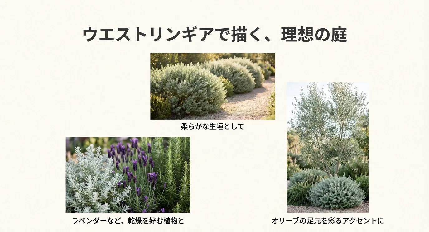 柔らかな生垣、ラベンダーとの混植、オリーブの足元を彩るアクセントなど、ウエストリンギアを庭に取り入れた具体的な活用イメージ写真のスライド。