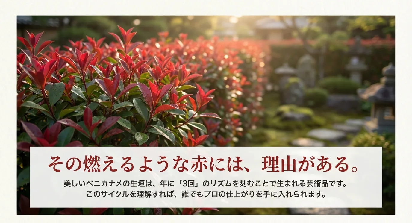 燃えるような赤い新芽が美しいベニカナメの生垣のクローズアップ画像