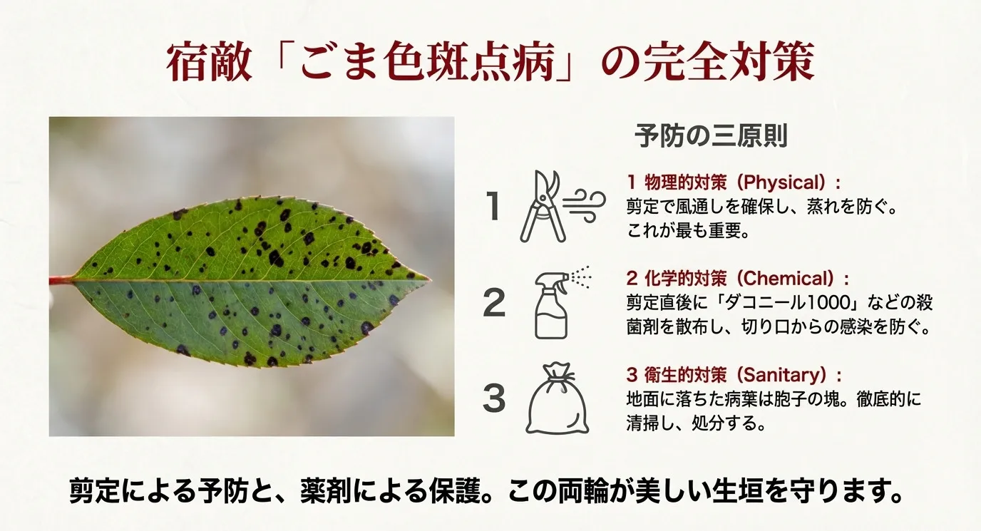 ごま色斑点病にかかった葉の写真と、物理的・化学的・衛生的な3つの対策（剪定、薬剤、清掃）をまとめたスライド。