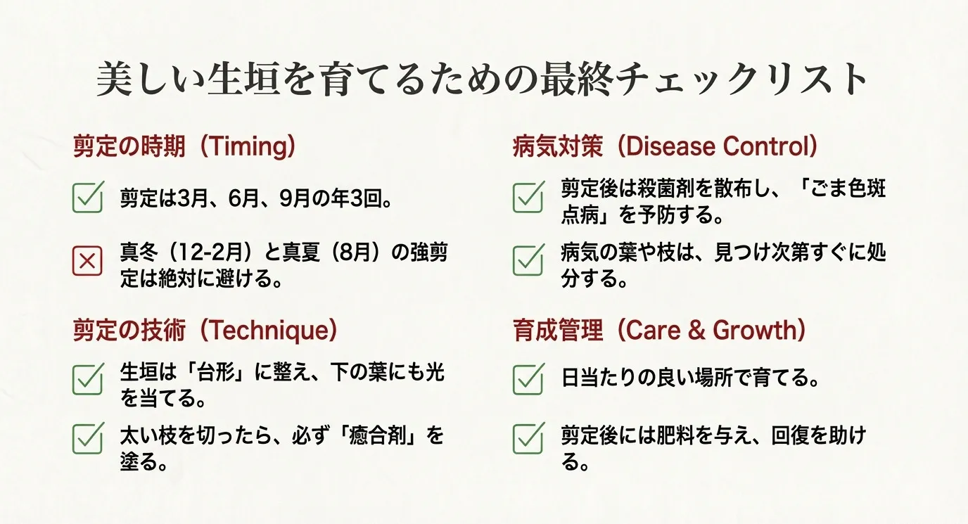 剪定時期、技術、病気対策、育成管理の重要ポイントをまとめたチェックリストのスライド。