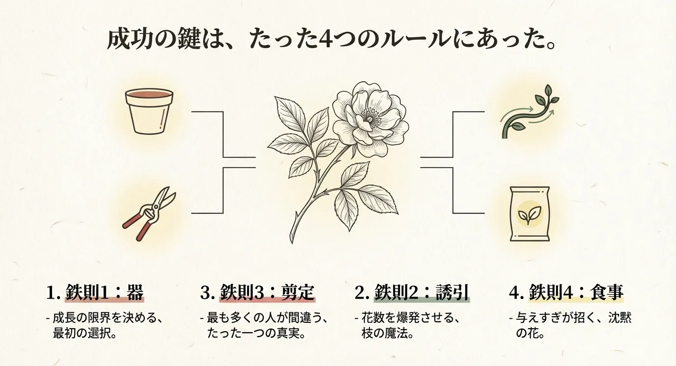 器（鉢）、誘引、剪定、食事（肥料）という、成功のための4つのルールを概説するイラスト。
