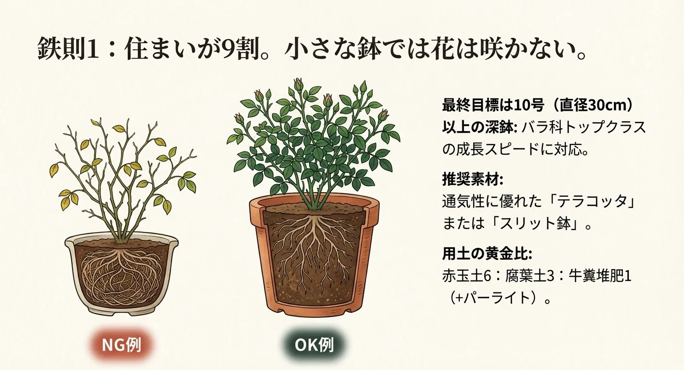 根が十分に張れる深鉢（10号以上推奨）の構造と、赤玉土6：腐葉土3：牛糞堆肥1という用土の配合比率を示した図