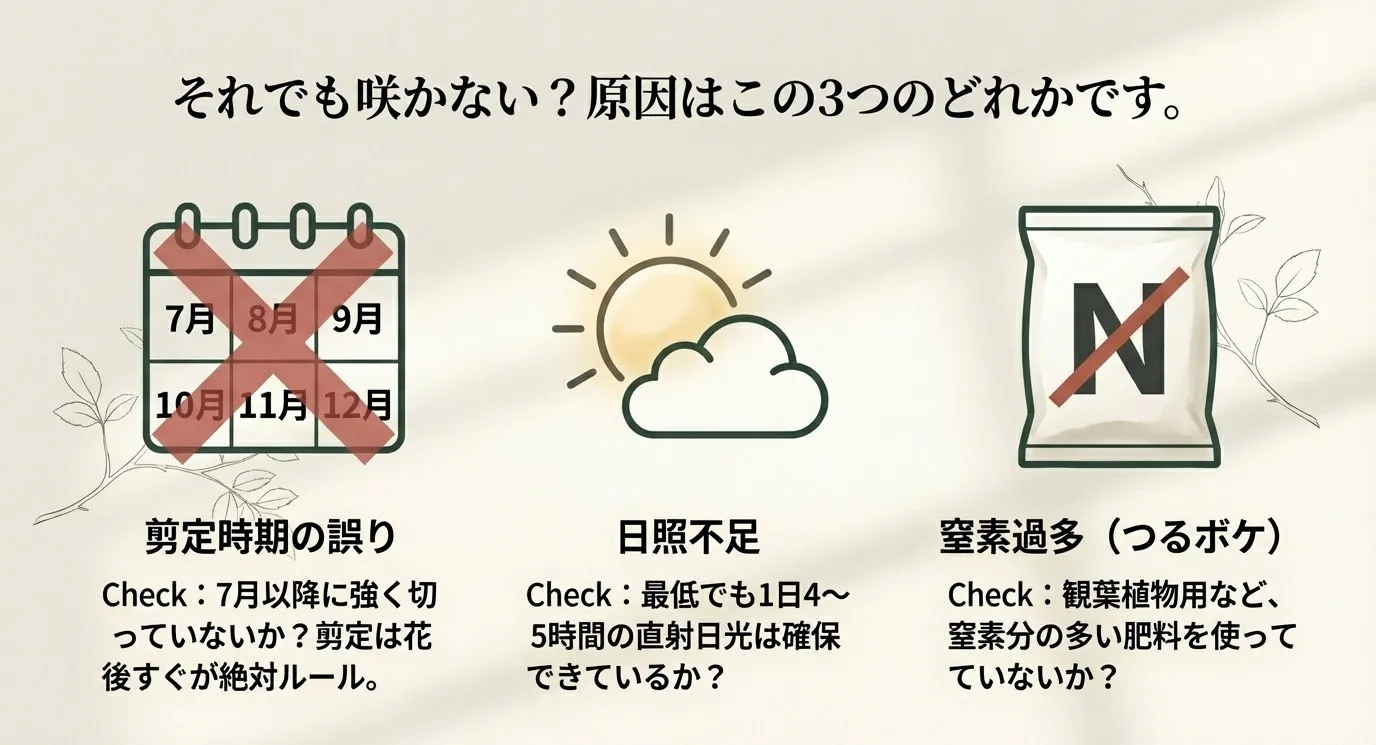 剪定時期の誤り、日照不足、窒素過多（つるボケ）の3点を確認するための診断図。