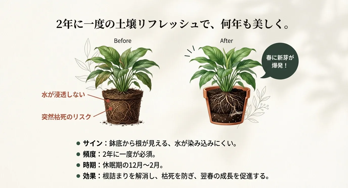 根詰まりした状態と、植え替え後のリフレッシュされた状態を比較し、休眠期に行う植え替えの効果を説明した図。