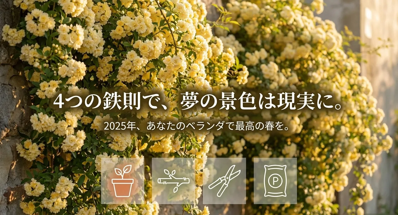 剪定バサミのアイコンと共に、4つの鉄則で最高の春を迎えようと締めくくるエンディングスライド。