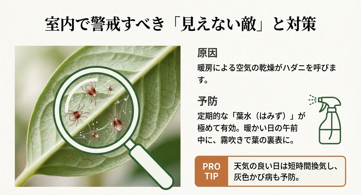 拡大鏡で見たハダニのイラストと霧吹きのアイコン。暖房による乾燥で発生するハダニ対策として、暖かい日の午前中に行う定期的な「葉水」が有効であることを説明。