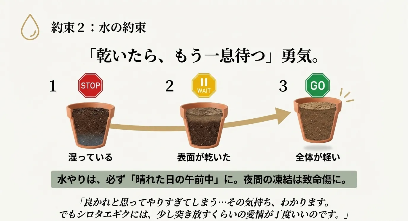 水やりのタイミングを信号機の色で表現した図。表面が乾いてからさらに待つ「1：STOP、2：WAIT、3：GO」のステップ