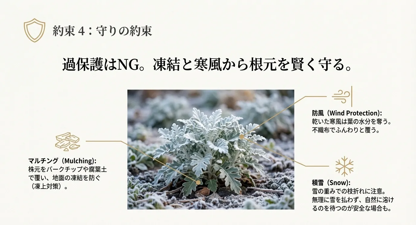 不織布による防風、バークチップによるマルチング、積雪対策について解説されたスライド。