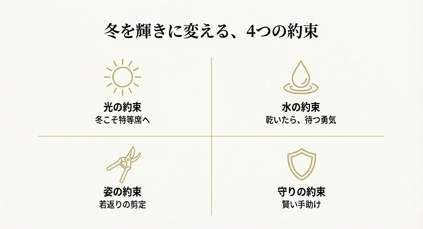 光・水・姿・守りの4つの約束を簡潔にまとめた表。