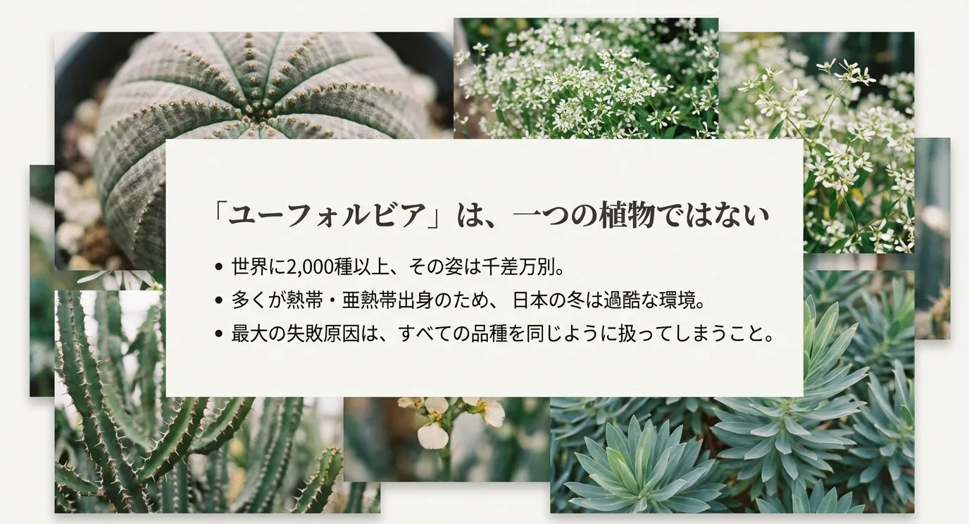 世界に2,000種以上存在し姿は千差万別であること、日本の冬は過酷であることを説明するスライド
