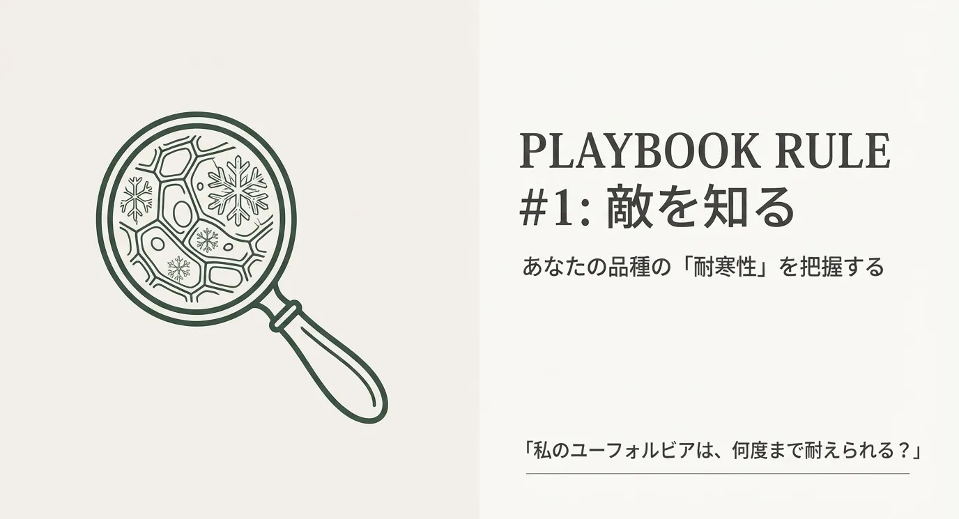 虫眼鏡で雪の結晶（寒さ）を覗いているイラスト。自分の品種の耐寒性を把握することの重要性を説いています