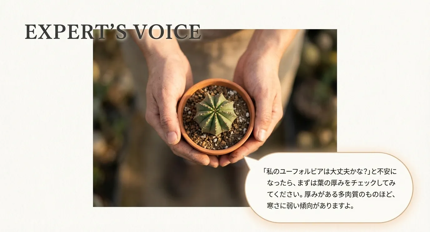 葉の厚みがある多肉質なものほど寒さに弱い傾向があるというエキスパートのアドバイス。