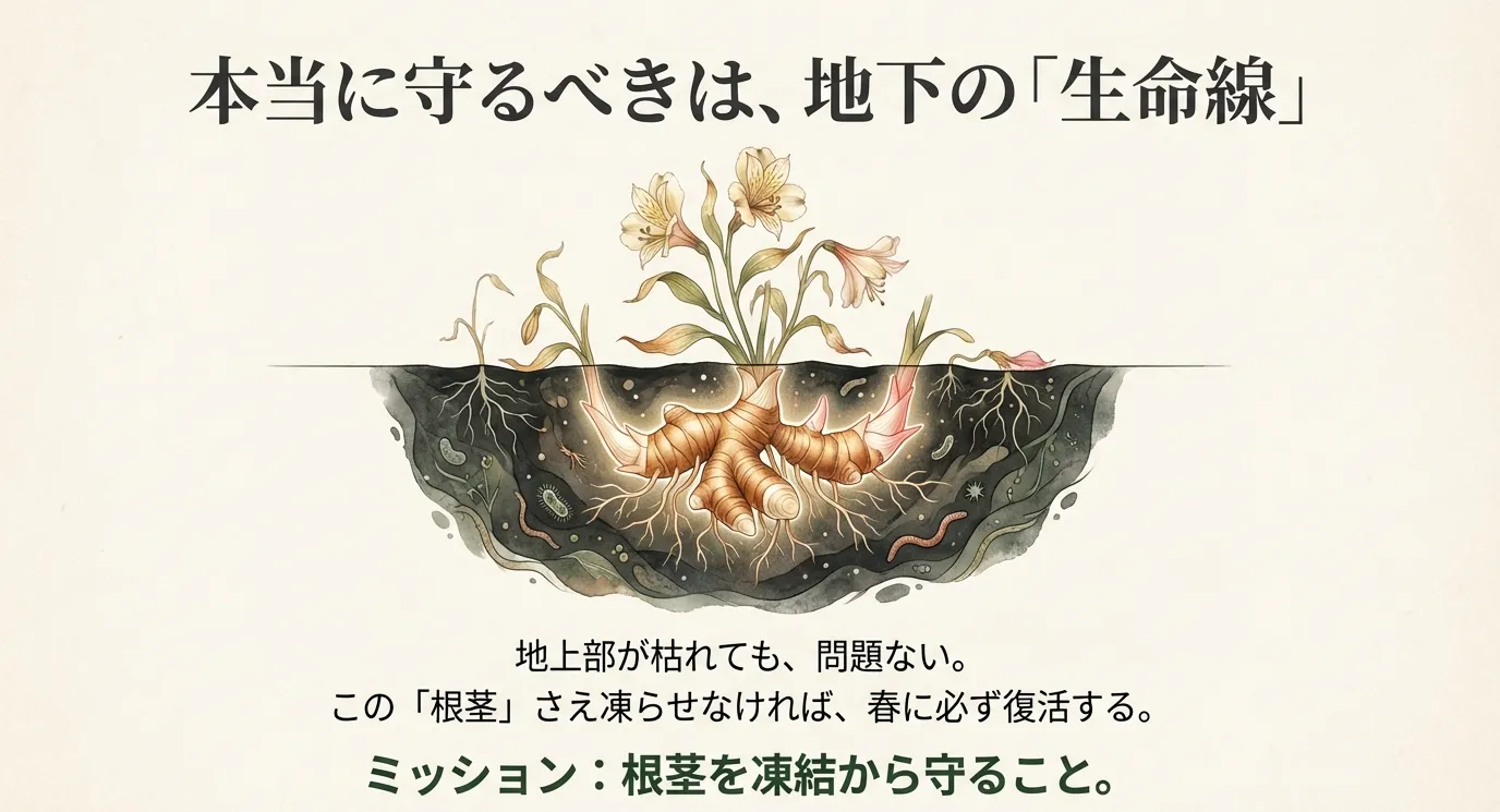 地上部が枯れても地下の「根茎」さえ凍らせなければ復活することを説明する図解。