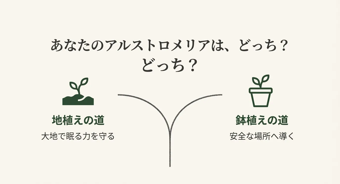 地植えと鉢植え、それぞれの冬越しの方向性を示すイラスト。